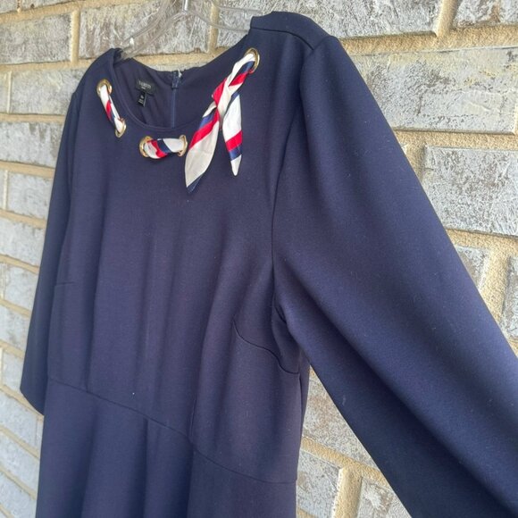 Talbots 3/4 Sleeve Scarf Tie Neckline Navy Blue Fit & Flare Dress Size 16 Petite - Picture 6 of 8